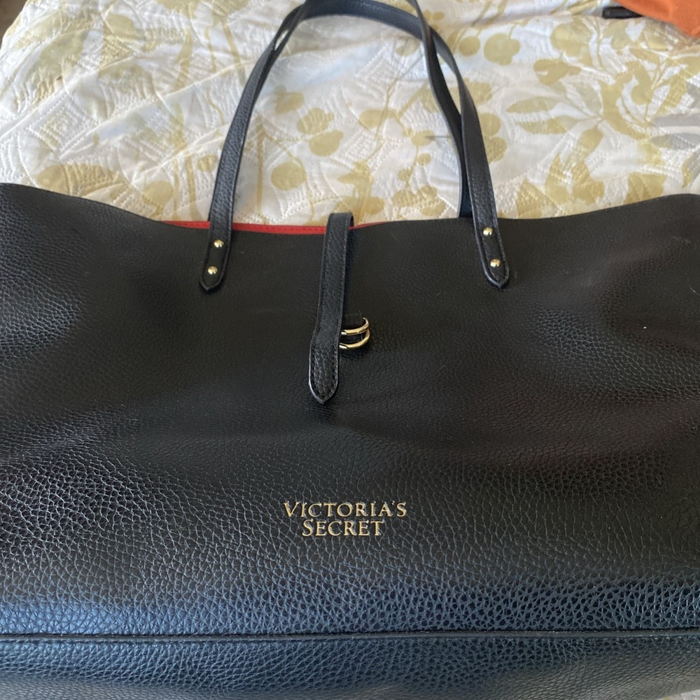 Victoria's Secret black faux pebbled leather large tote bag with a red interior